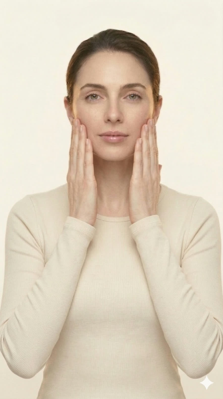 A calm editorial portrait with hands placed softly along the face.